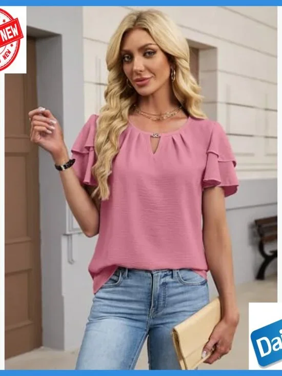 Textured Ruffle Sleeve V-Neck Blouse, Loose Fit Polyester Top for Work Casual - Picture 4 of 7